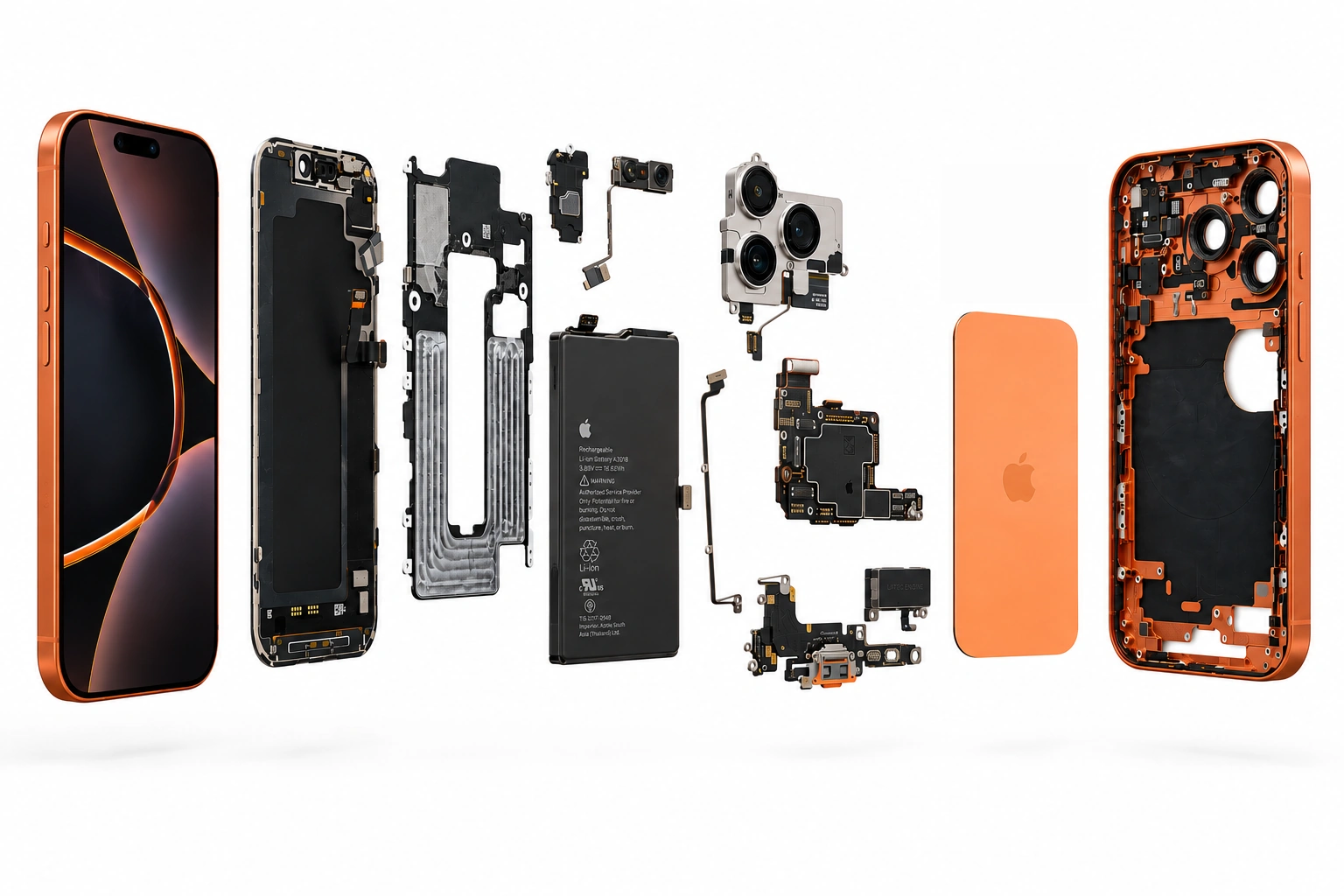Exploded iPhone 17 Pro showing the original display, internals, battery, cameras, back glass and rear housing
